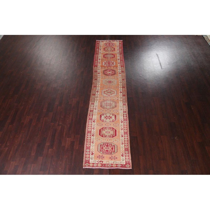 Tapis de couloir rouge / orange / ivoire en laine noué à la main de conception unique 2 pi 9 po x 13 pi