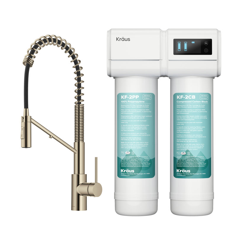 KRAUS Oletto 2-In-1 Commercial Style Pull-Down Single Handle Water Filter Kitchen Faucet With Purita 2-Stage Under-Sink Filtration System