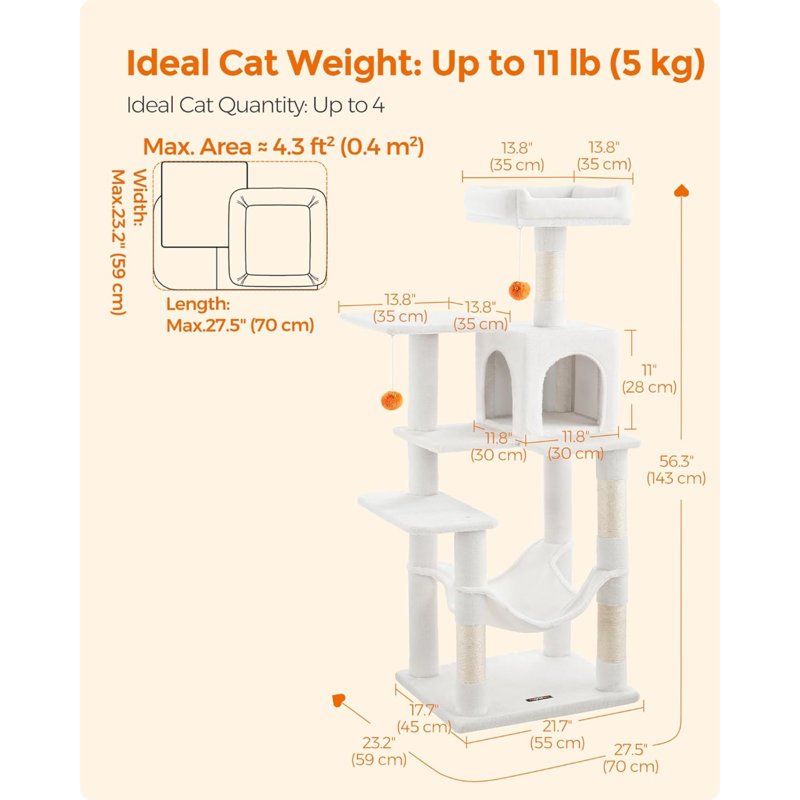 56.3-Inch Multi-Level Cat Tree, 57" H x 18" W x 22" D, Cream White