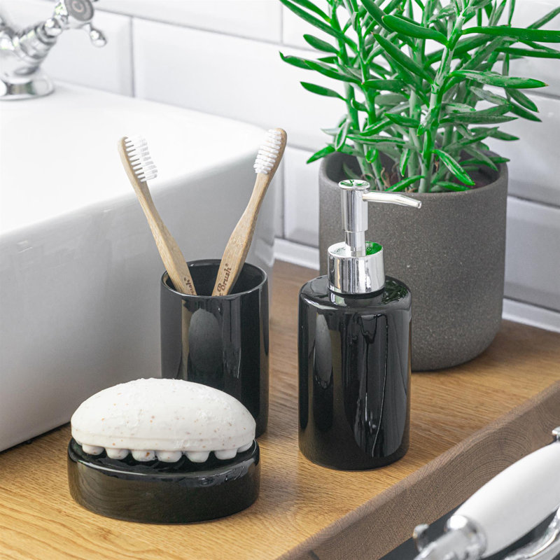 Harbour Housewares - Ceramic Bathroom Accessories Set - 3 Pieces, Black