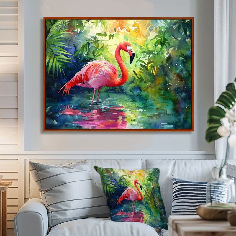 Flamant rose dans la lagune II - flamant rose, art mural, H 12 po x l 20 po, Cadre flottant, Brun