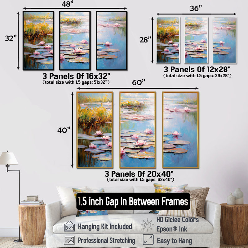 «Monets Water Lily Pond Reflections 3 - Lake», art mural, Cadre flottant blanc, H 32 po x l 48 po x P 1 po