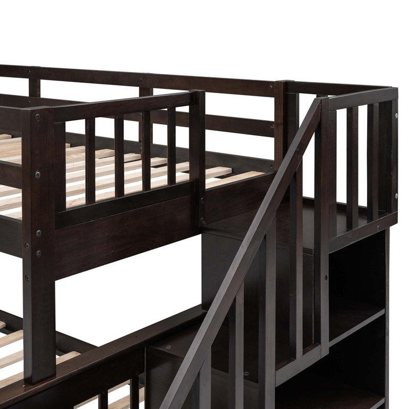 Lit superposé simple / double avec rangement pour escalier et barrière de sécurité, Espresso