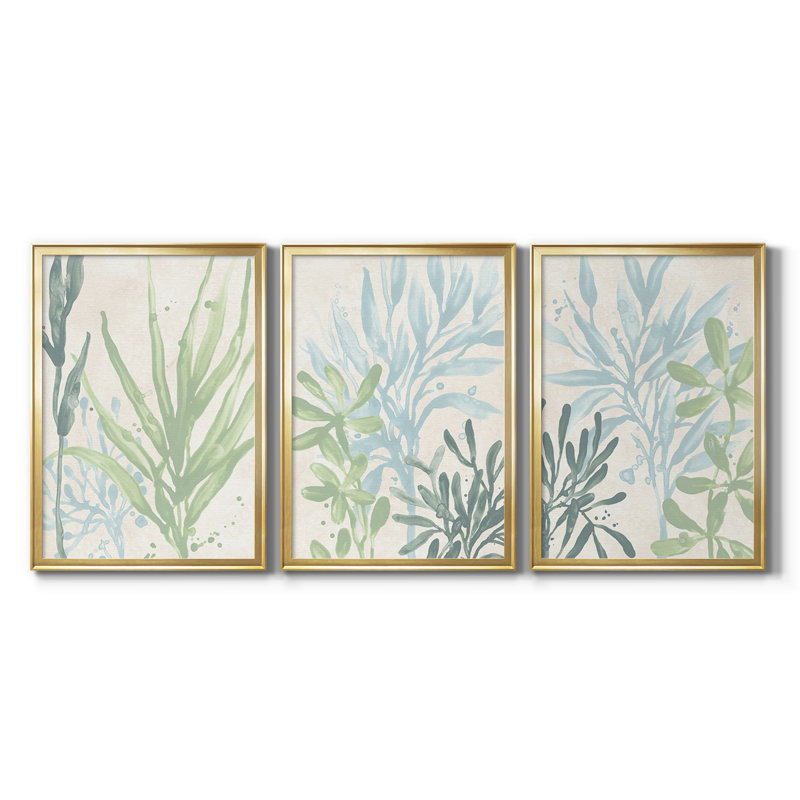 Swaying Seagrass I - Toile tendue avec châssis sur mesure - 3 pièces, H 27 po x l 39 po, Doré