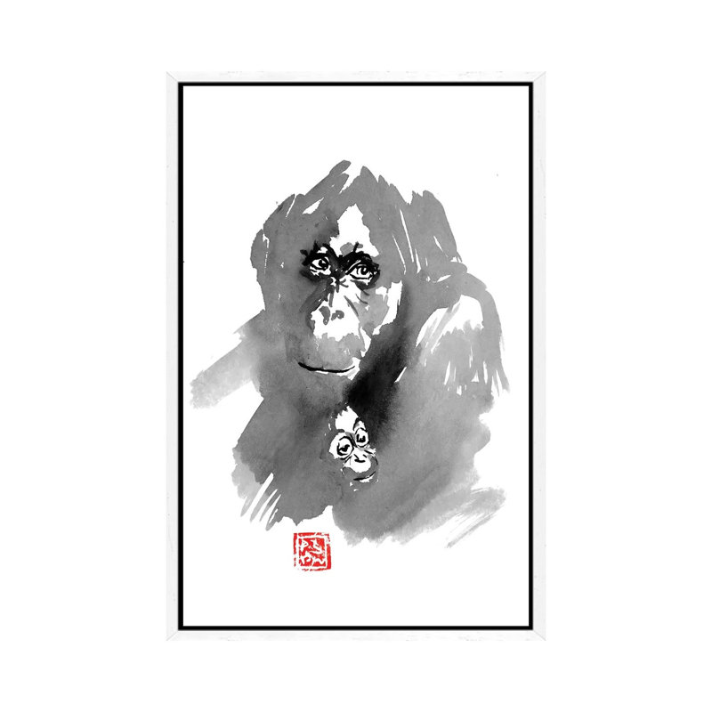 Orangutan Family by Péchane - Print on Canvas, 66.04 cm H x 45.72 cm W, White Framed