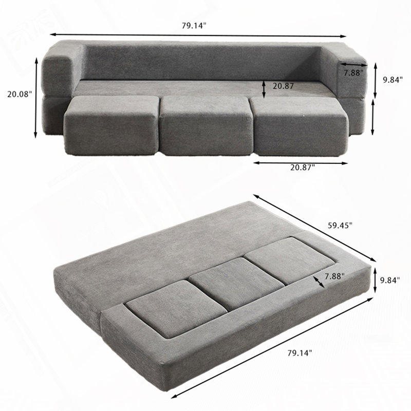 Chenille Convertible Sectional Sofa Sleeper with 3 Ottomans, Grey Chenille