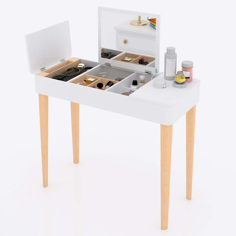 Vanity Table with Solid Wood Legs and Flip-Up High Definition Mirror