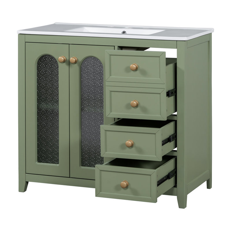 Armoire de salle de bain 36 po avec 2 portes à fermeture douce, 3 tiroirs, lavabo en céramique - tablettes élégantes pour meuble-lavabo, poignées luxueuses et design élégant