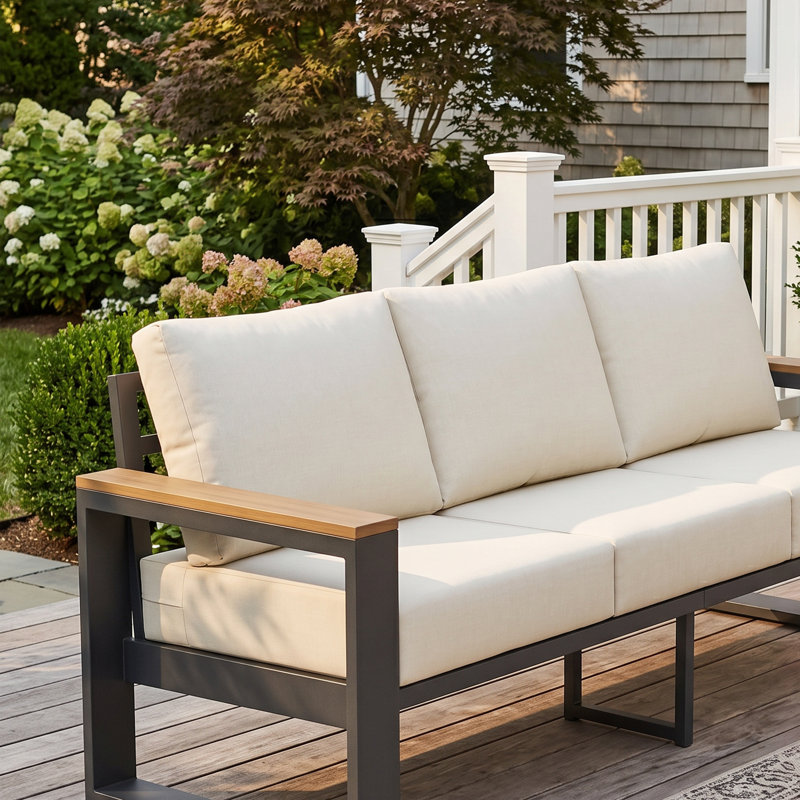 Table basse de patio en aluminium pour 3 personnes avec accoudoirs imitation bois et coussin de 12,5 cm, Cream