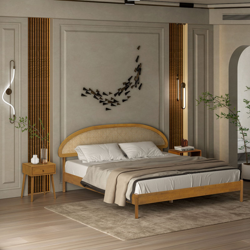 Gem Solid Wooden Bed Frame With Headboard And Natural Rattan, 1000 Lb Capacity, Rustic Oak, King