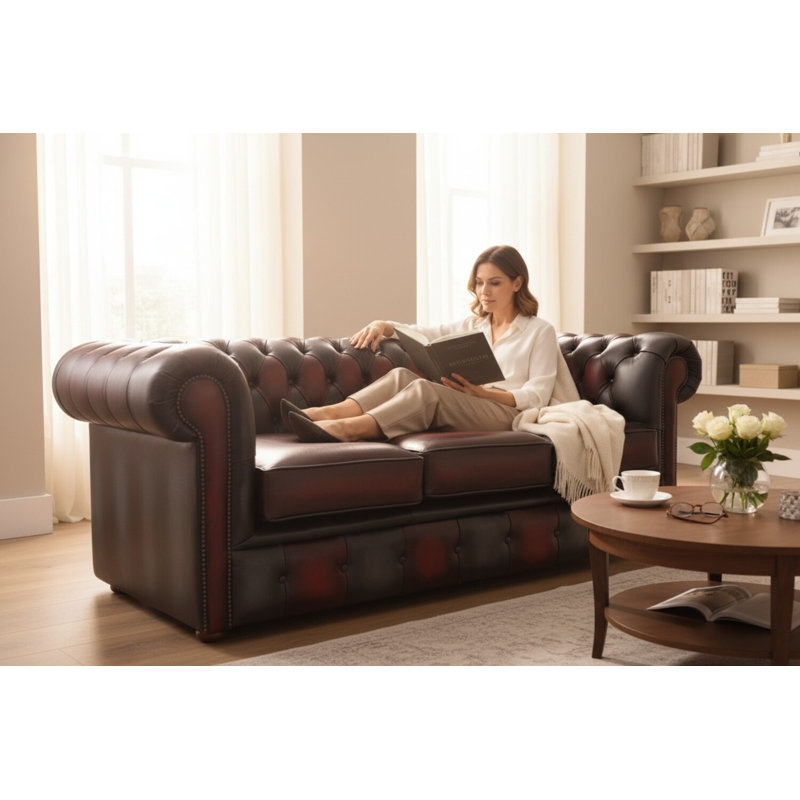 3 Seater Genuine Leather Sofa, Brown/Blue