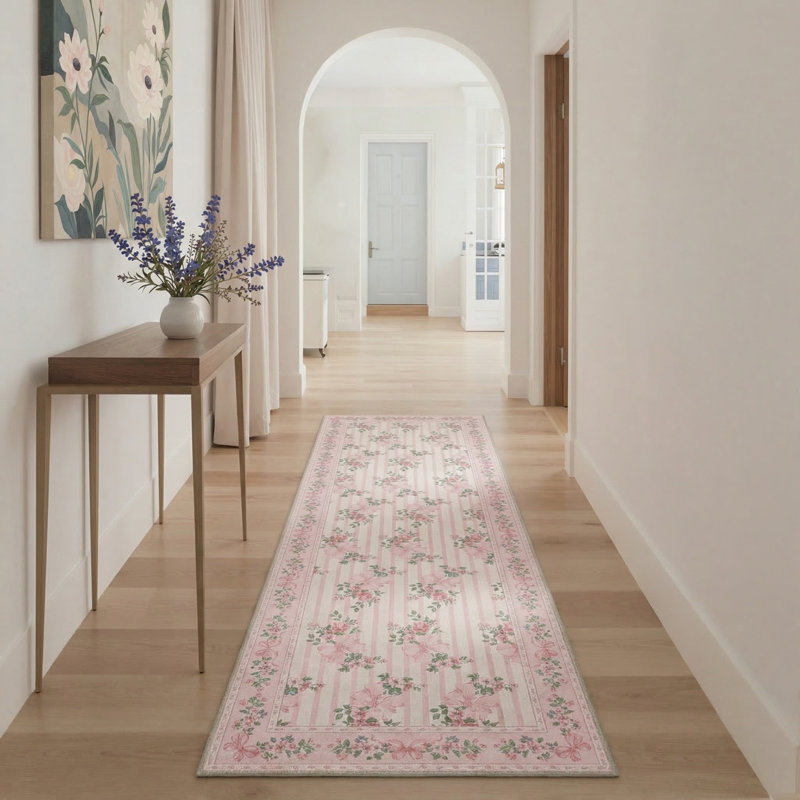 Bloomere Floral Machine Washable Blush Bow Indoor Area Rug With Non-Slip Backing, Runner 2'6" x 8'