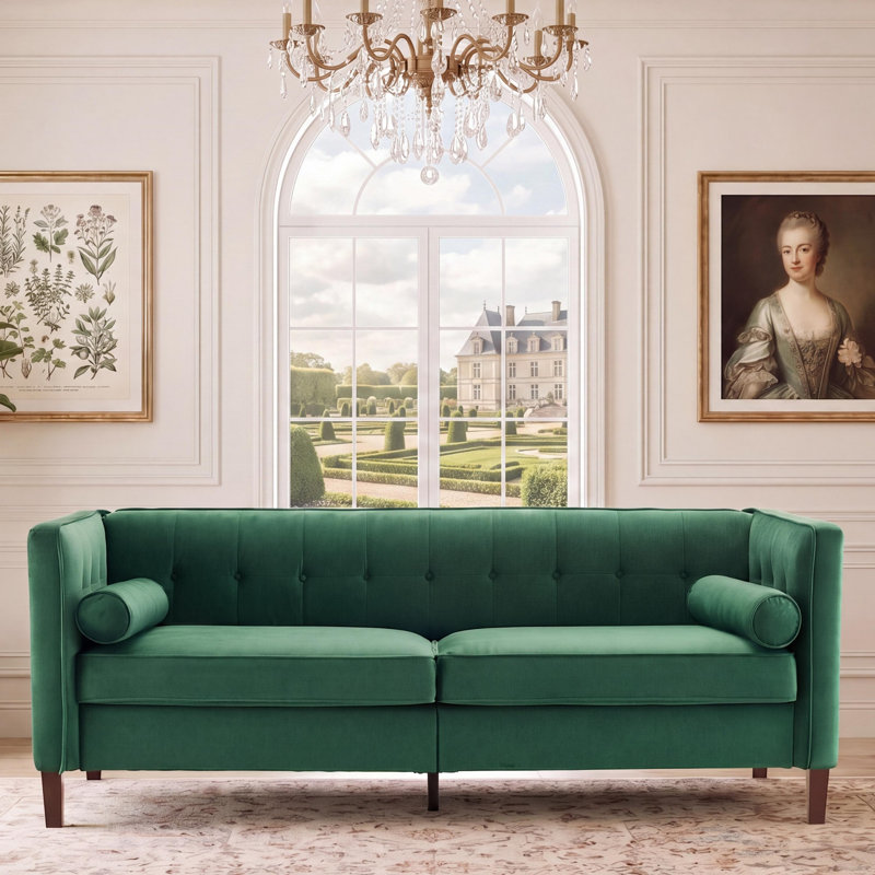 78''  Wide Velvet Tufted Square Arm Sofa, Green Velvet