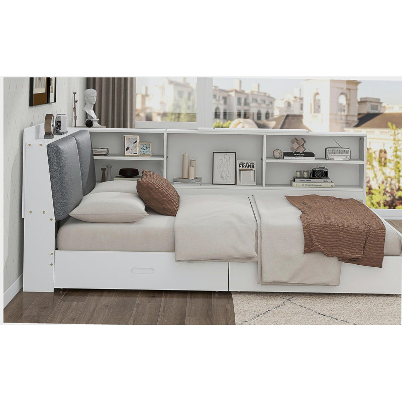 Lit plateforme double en bois avec tête de lit, tablettes et 2 tiroirs, Blanc