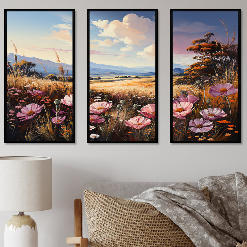 Fleurs mauves colorées, ensemble d'art mural sur toile, "Fleurs de mauve dans le Nevada", Cadre flottant noir