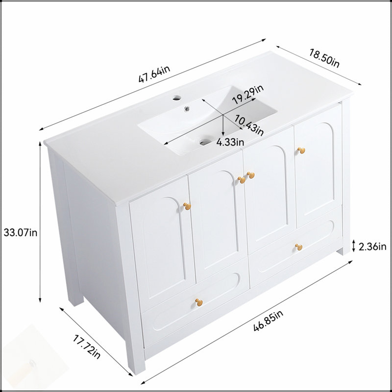 Meuble-lavabo blanc 48 po avec lavabo en céramique et beaucoup de rangement, portes et tiroirs à fermeture en douceur pour un design élégant