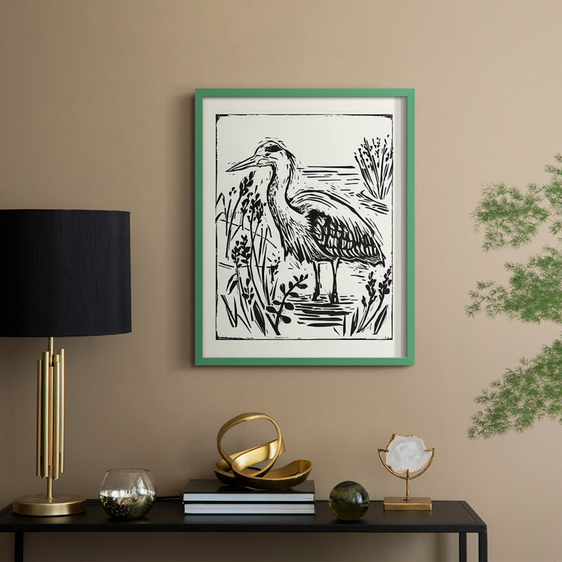 Linocut Style Seabird I, reproduction encadrée - bois massif, H 30 po x l 24 po, Vert