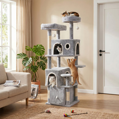 64" Faux Fur Cat Tree & Condo, Light Grey