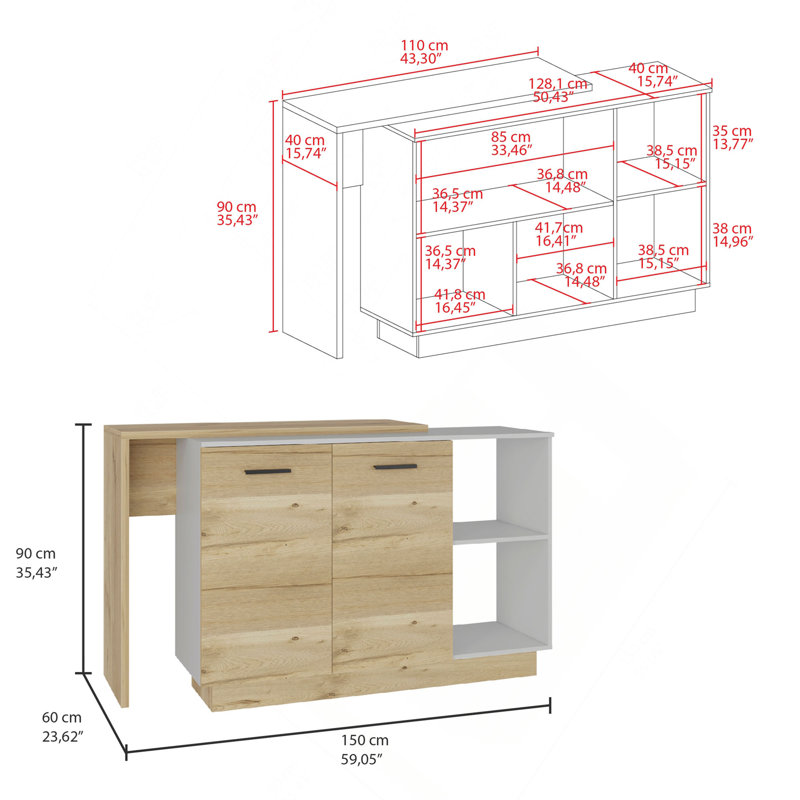Îlot de cuisine, deux tablettes extérieures, armoires à deux portes, trois tablettes, Panneau de particules / forme en carton