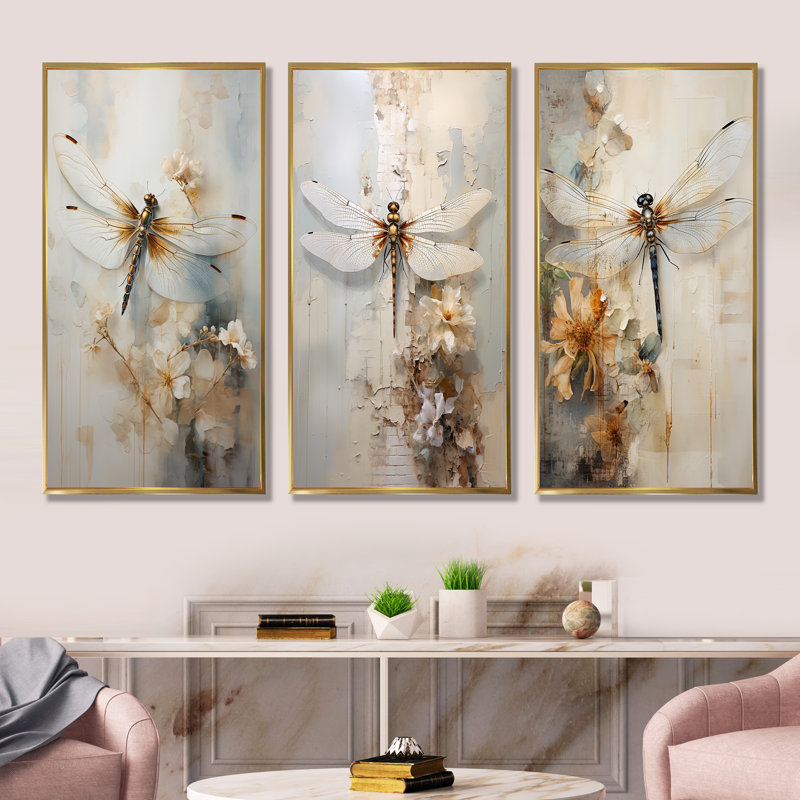 Libellule délice - ensemble de 3 impressions sur toile libellule, Cadre flottant doré, H 32 po x l 48 po