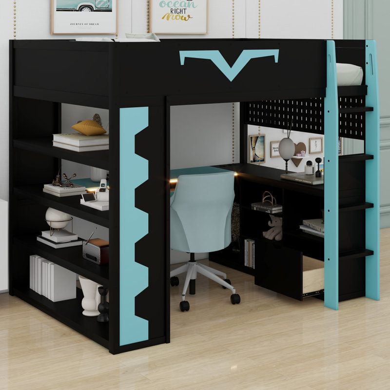 Lit mezzanine avec bureau Pro Gamer, lumières RVB, tablettes, panneau perforé et tiroir, Bleu