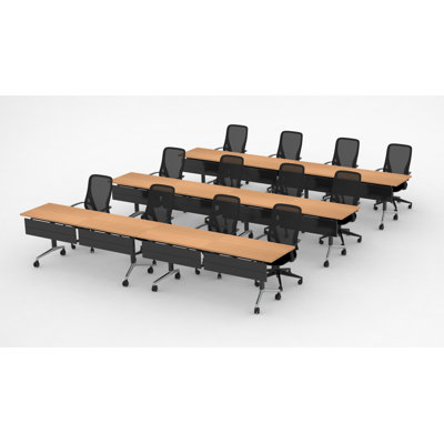 Tables de formation mobiles commerciales avec chaises électriques et de bureau intégrées | Ensemble de 6 tables et 12 chaises | Tables gigognes pliables de 80 po | Roulettes verrouillables | Mobilier de salle de conférence et de classe | Hêtre | Sièges 12