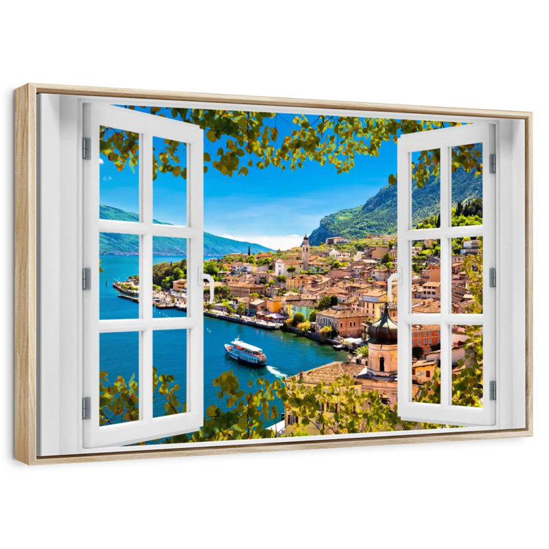 Fenêtre sur Limone Sul Garda, Cadre flottant en bois naturel, 40 po x 27 po