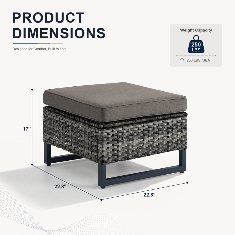 Repose-pieds de patio extérieur en osier avec coussin Ingvald (ensemble de 2), Mélange de gris / noir, Gris