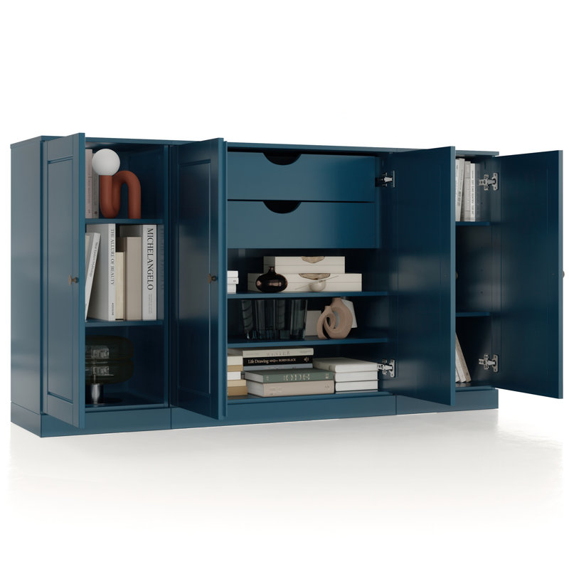 Buffet 100% bois massif 65 "avec portes solides, 2 tiroirs et tablettes réglables, Bleu sarcelle