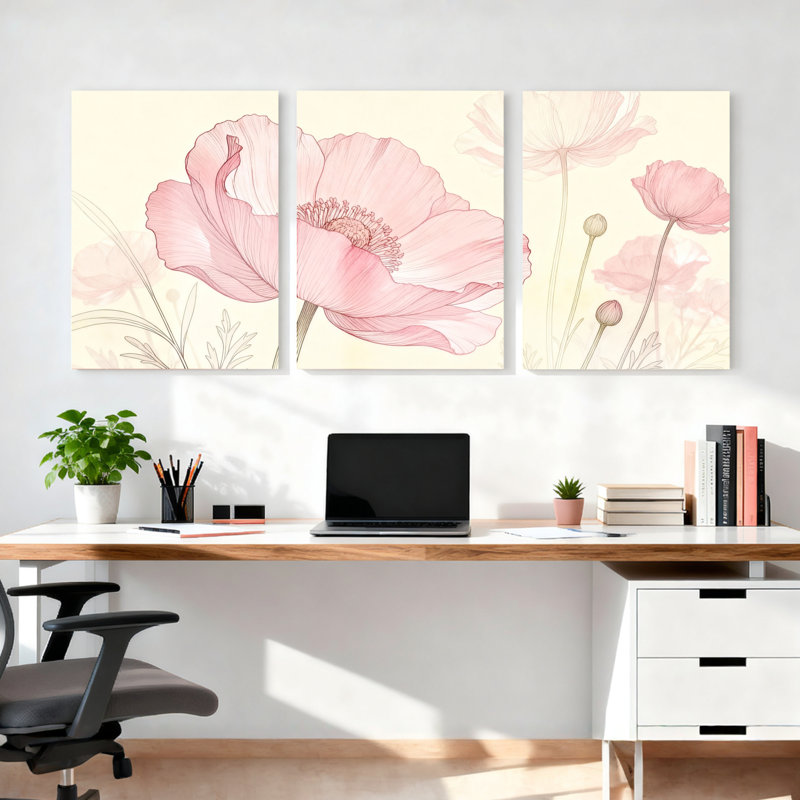 «Pink Poppy», art mural tendu sur toile à motif floral (ensemble de 3), H 30 po x l 60 po