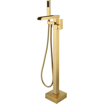 Robinet de baignoire pour salle de bain - Fixé au sol, or brossé, avec poignée levier et douchette à main polyvalente