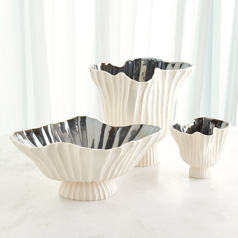 Folha Footed Vase-Black/Metallic-Sm, Off-White, 7.25" H x 8" W x 6.5 D