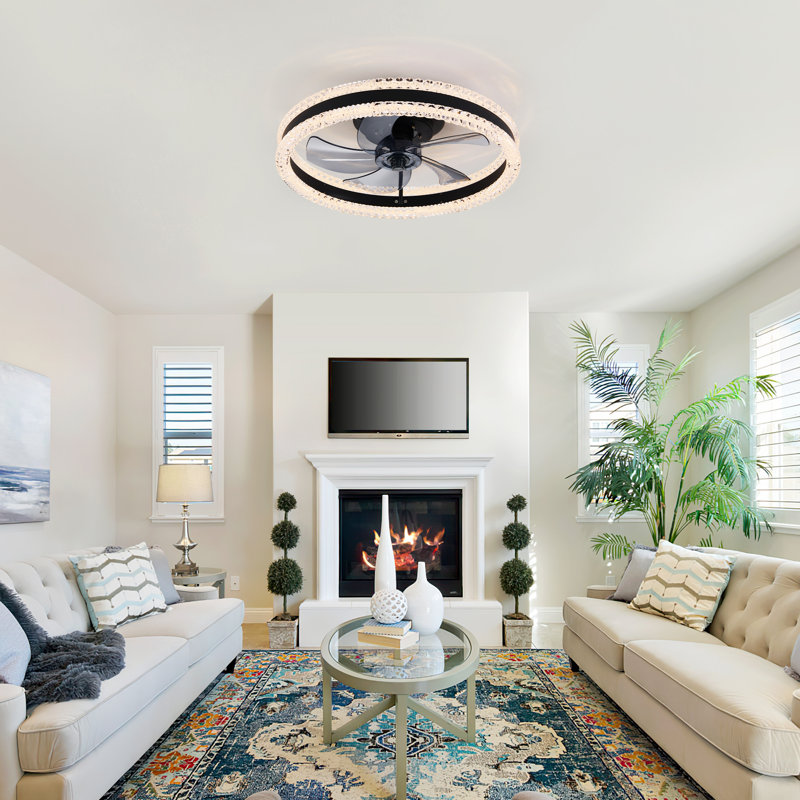  20" Crystal Ceiling Fan With LED Light And Remote, Double Ring Modern Flush Mount Hidden Blades Ceiling Fan, Black