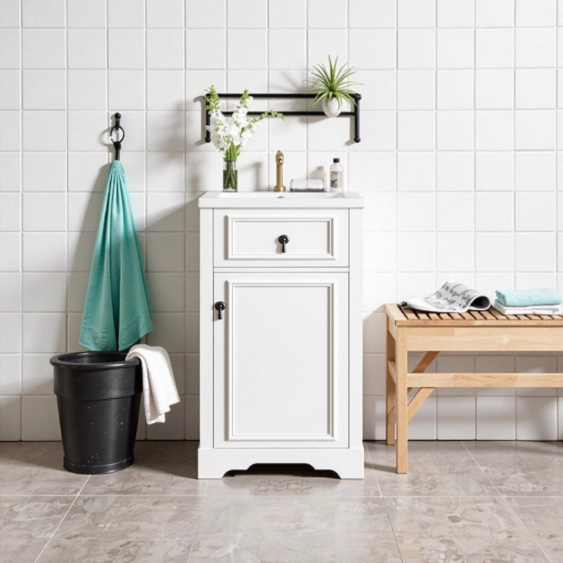 20-Inch White Bathroom Vanity with Ceramic Sink, Soft Close Door, Adjustable Shelf and Door-Mounted Storage Rack - Ideal for Small Bathrooms