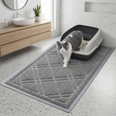 Cat Litter Box Mat, 30"x17", Non-Slip & Water Resistant, Traps Litter, Easy Clean, Reduces Waste & Locks Urine, Indoor Cat Carpet, Grey
