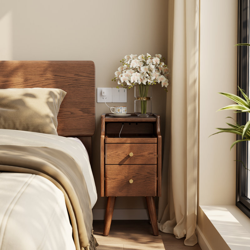 Narrow Solid Wood Nightstand with 2 Drawers, Brown, 11.81"W