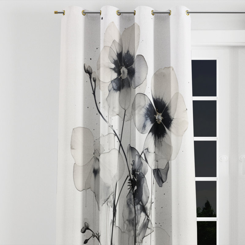 Linhurst Black and White Adorned Violets - Traditional Velvet Grommet Curtain - Room Darkening - 1 Panel, 52" W x 95" L