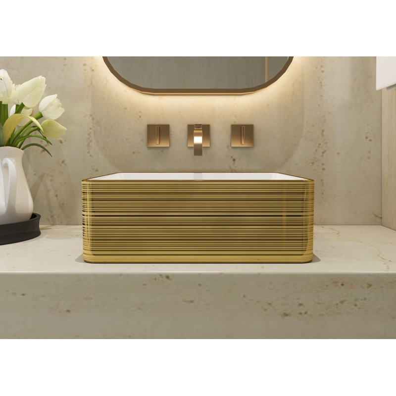Lavabo vasque de salle de bain carré 14 po Meje, lavabo de comptoir à rayures dorées de luxe, lavabo en céramique pour meuble-lavabo