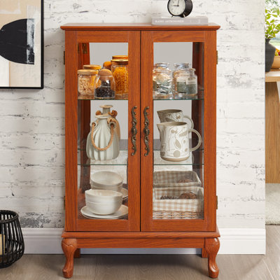 American Retro Style Dark Oak 2 Doors Curio Cabinet With Tempered Glass, Mirrored Back, , And Adjustable Shelves For Home Or Office Display Of Exquisite Items Collectibles Shelves, Showcase