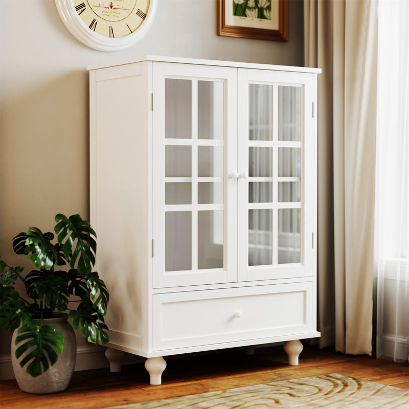 Minimalist White Buffet Cabinet With Double Glass Doors And Drawer