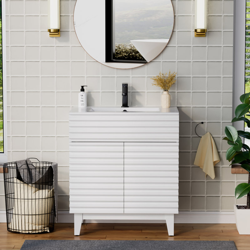 Ensemble de meuble-lavabo simple autoportant 30 po avec lavabo, robinet en alliage de zinc Marilyse Sharee, Blanc