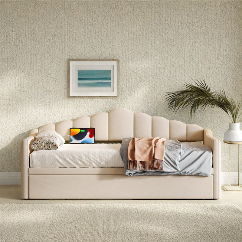 Upholstered Daybed With Trundle And Usb, Beige