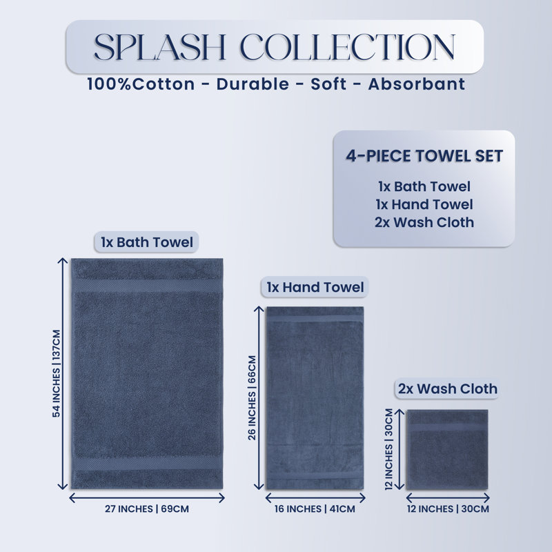 Ensemble de serviettes 100% coton Splash, serviettes de bain, serviettes à main et débarbouillettes Splash, serviettes absorbantes douces de 550 g / m² pour la salle de bain, le spa et l'utilisation quotidienne, certifié OEKO-TEX, paquet de 4, bleu marine
