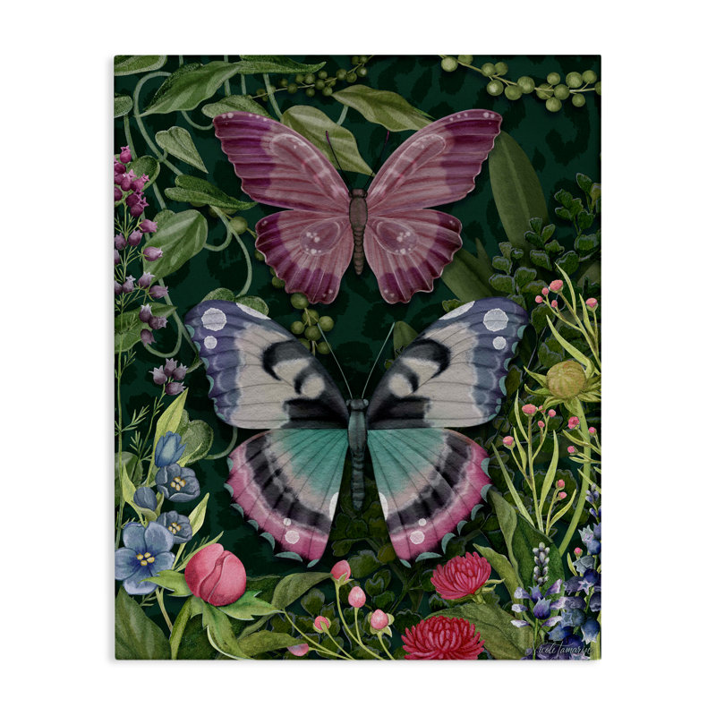 Fleurs et papillons sauvages sur toile, design par Nicole Tamarin, H 20 po x l 16 po