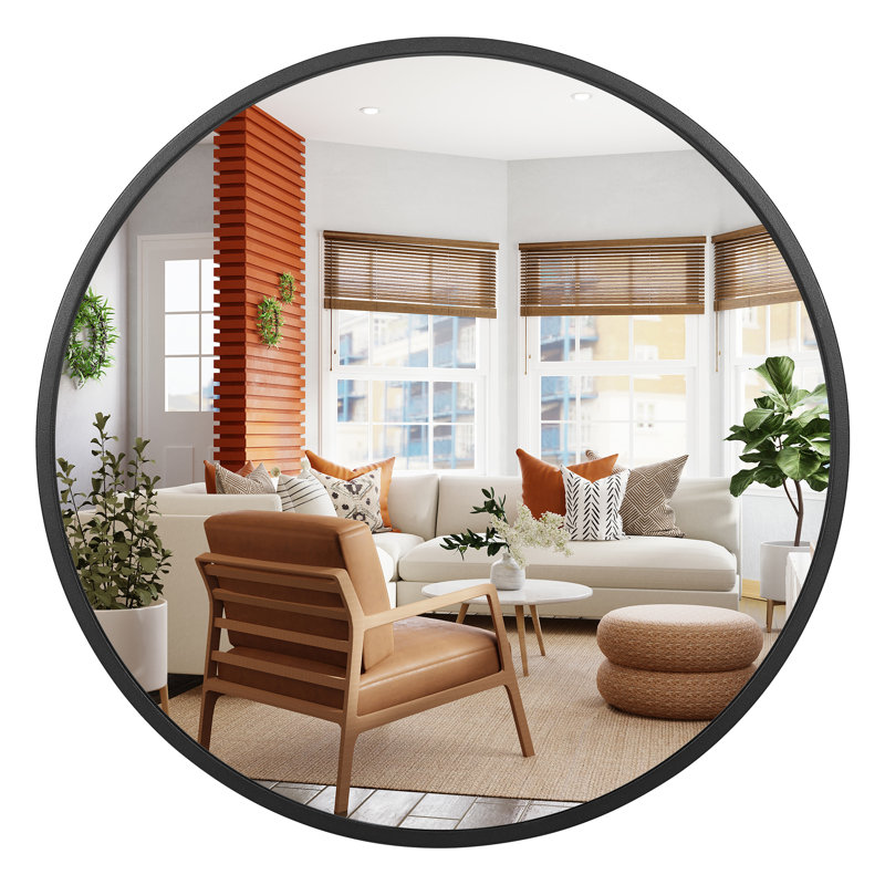 Modern Wall-Mounted Metal Framed Round Mirror, Black, 18" x 18"