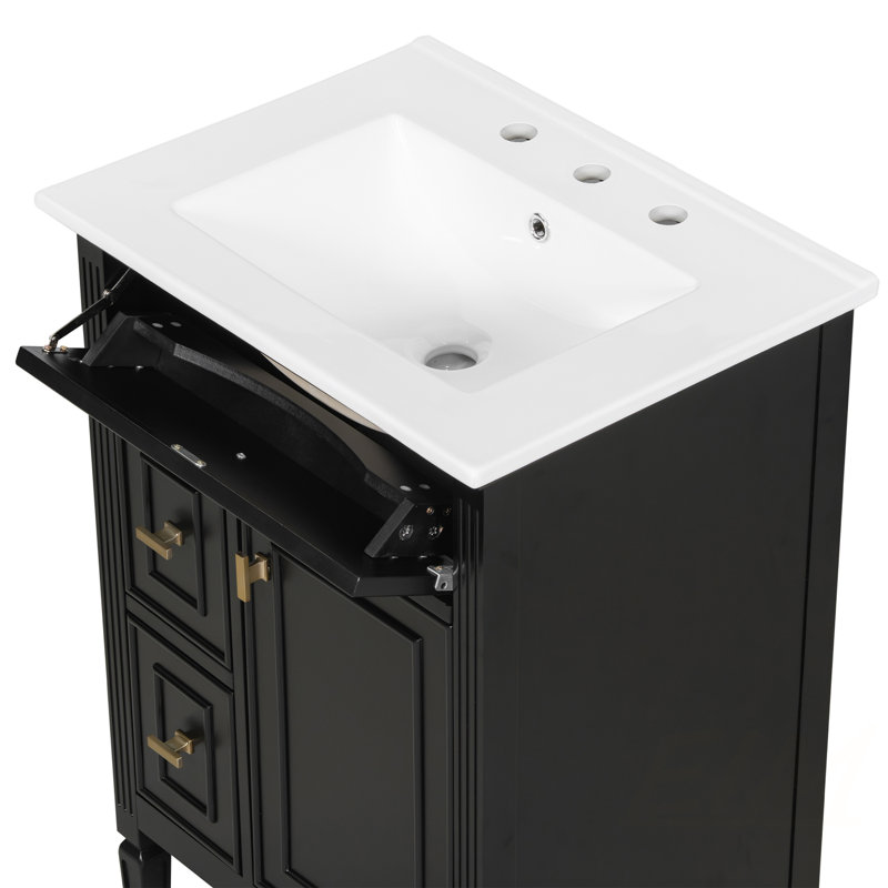 Meuble-lavabo de 24 pouces avec lavabo, armoire en bois massif et panneau de fibres à densité moyenne avec un tiroir rabattable, deux tiroirs standard et une tablette réglable, meuble-lavabo noir autoportant pour le rangement de la salle de bain (ancien SKU:	
N725P350824B), meubles-lavabos