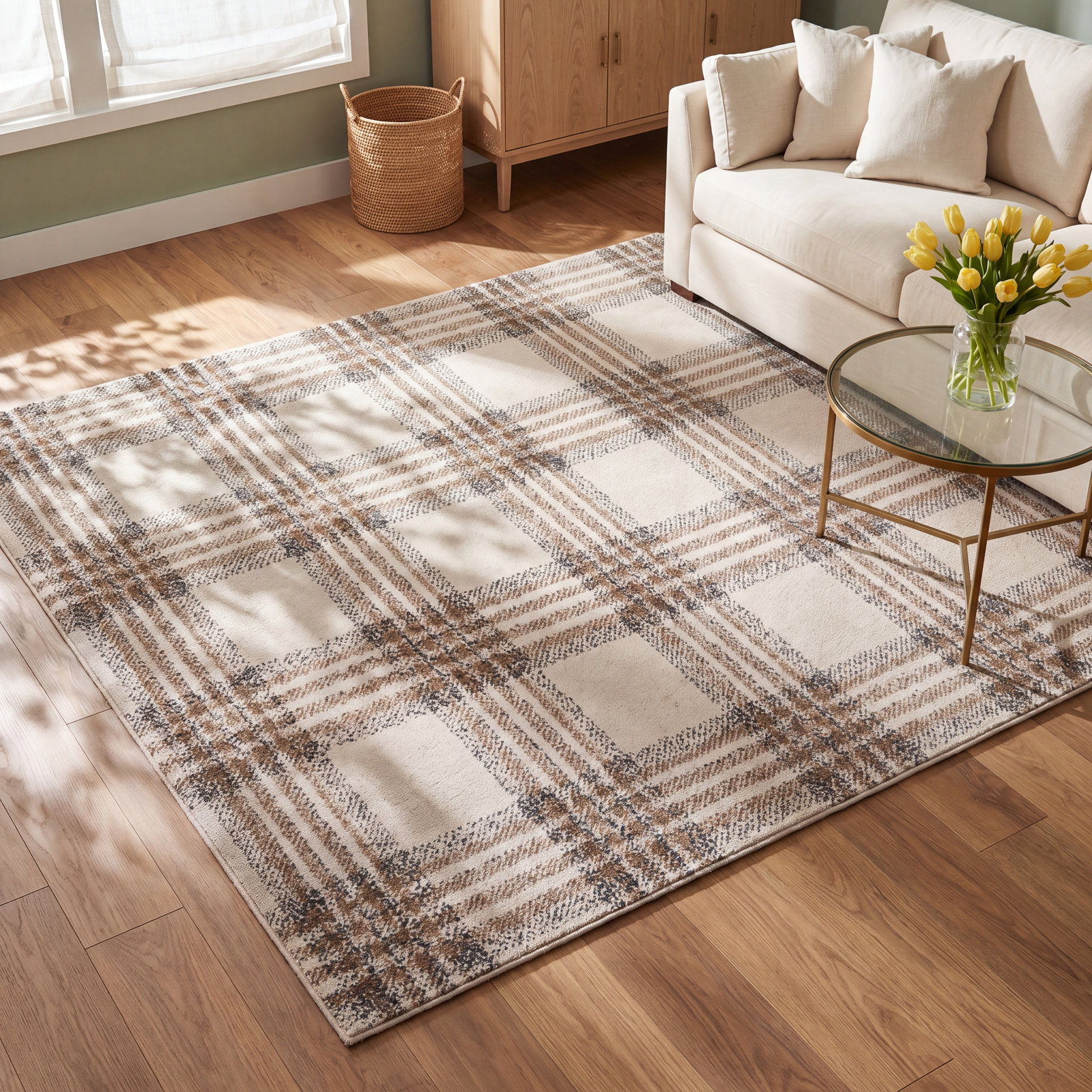 Kage Brown Gray Black Plaid Rug, Rectangle 8'9" x 12'