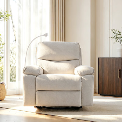 Fauteuil inclinable pivotant surdimensionné en velours avec support pour téléphone, fauteuil berçant extra épais et rembourré, fauteuil lounge capitonné, beige, beige