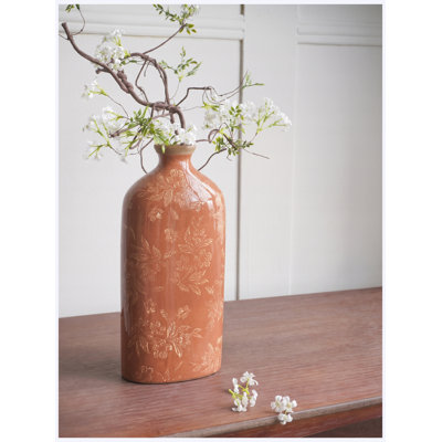 6.7" x 3.7" x 14.4" Red Ceramic Accent Vase with Floral Pattern