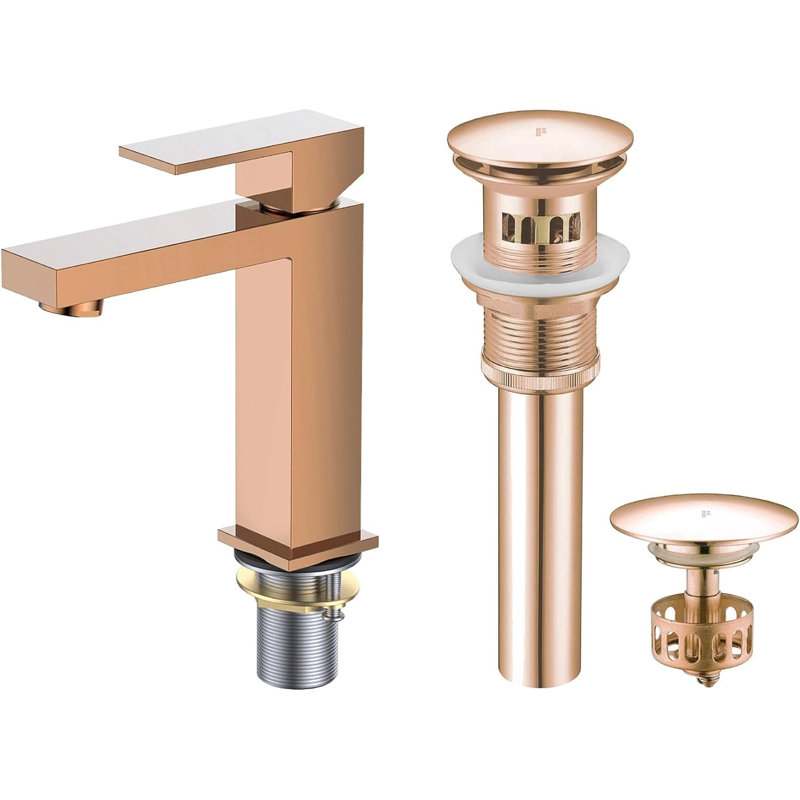 Single Hole Bathroom Faucet with Pop-up Drain and Strainer Basket, Rose Gold